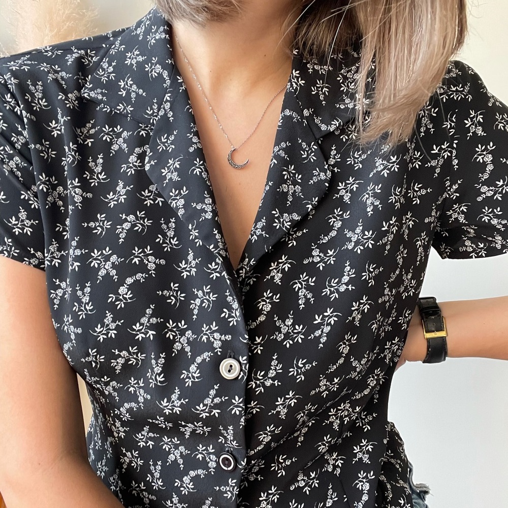 Vintage Black Floral Button-Up Blouse